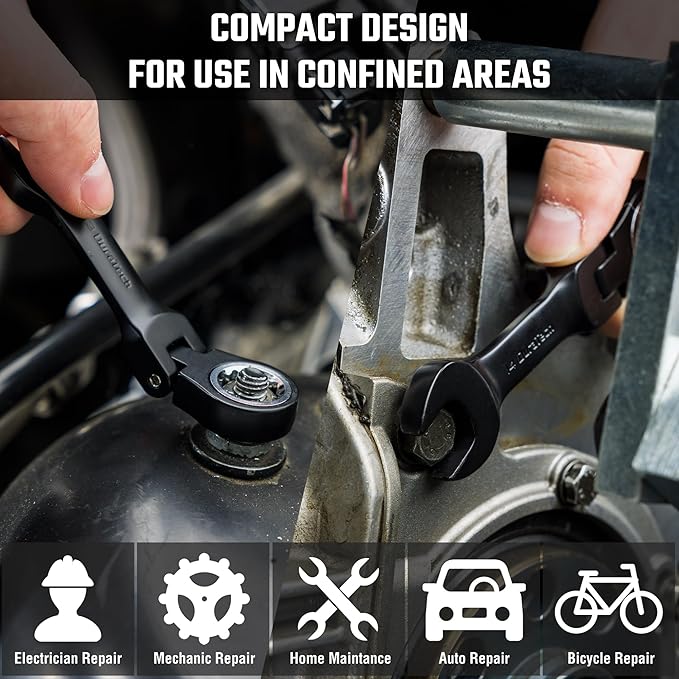 DURATECH Stubby Flex-head Ratcheting Combination Wrench Set, 8-piece, Metric, 9 to 17mm, CR-V Steel, Black Electrophoretic Coating, with Rolling Pouch