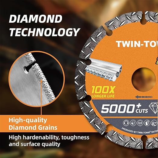 TWIN-TOWN 5" Diamond Cutting Wheel with 7/8" Arbor, Metal Cut Off Wheel, Carbide Cutting Wheel for Angle Grinder, 5000+ Cuts on Rebar, Steel, Iron, and INOX