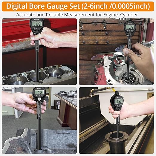 Neoteck Bore Gauge Set Digital Indicator Dial Bore Gauge (2-6"/0.0005") with Self-Centering Dial,Carbide Anvils, Insulated Grips for Deep Engine Cylinder Measurement-Black