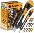 Amartisan 14-Piece Retractable Box Cutter, Utility Knifes for Boxes, Cartons, Cardboard Cutting, 18mm & 9mm Wide Blade Cutter, Very Suitable for Office and Home Use.