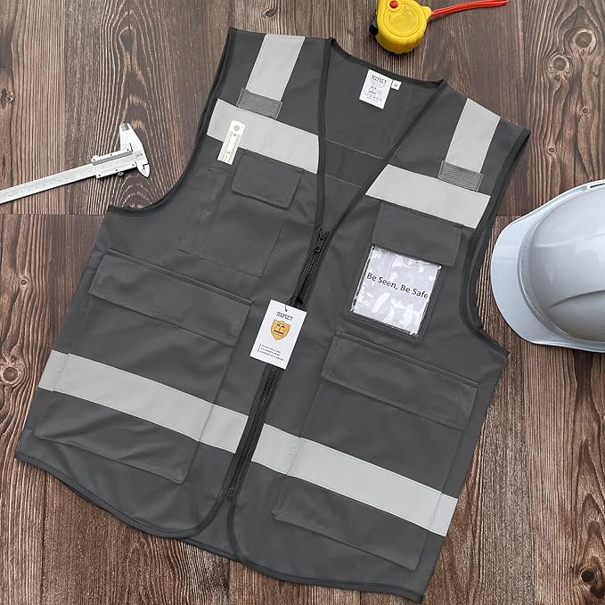 TCCFCCT Construction Vest 5 Pockets Reflective Safety Vest for Men Women, High Visibility Work Vest with Tabs for Walkie-talkie, Durable to Use, Meets ANSI/ISEA, Grey, S