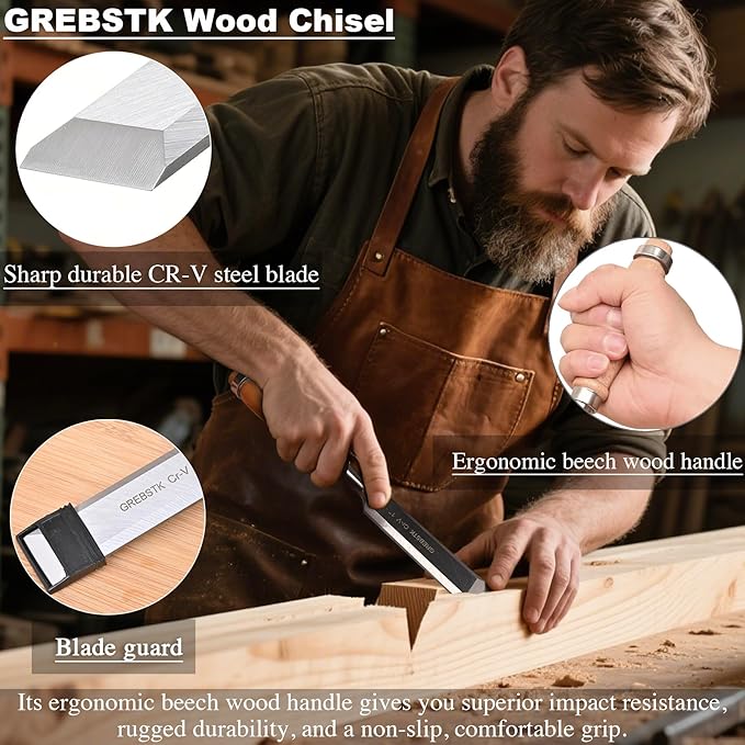 GREBSTK 4 Pcs Wood Chisel Set, CRV Steel Bevel Sharp Edge Bench Chisels with Canvas Bag, Comfortful Beech Handle, for Woodworking and DIY Projects, 9.5"x(1/4", 1/2", 3/4", 1")