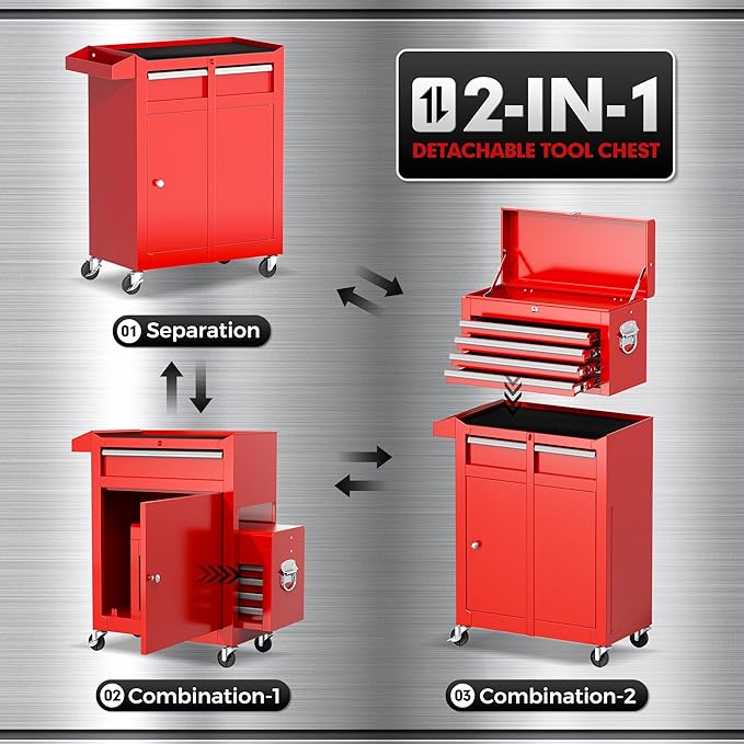 Crownland 5-Drawer Rolling Tool Chest with Wheels, Lockable 2 in 1 Detachable Tool Cabinet wit Drawers and Black Liners, Garage Top Toolbox & Bottom Storage Cart with Side Hooks(Red)