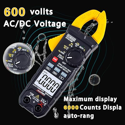 ZIBOO UT210E Mini Handheld Clamp Meter, True RMS AC/DC,6000 Counts Voltmeter Continuity Tester Capacitor HVAC Tool Multi Tester