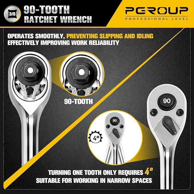 3/8-Inch Drive Ratchet Wrench, 90-Tooth Quick-release Reversible Ratchet Wrench with an Extension Bar(3 inch), 6" Long Socket wrench, 4-Degree Swing, Full Polished,Cr-Mo Head For Gifting,Repairing