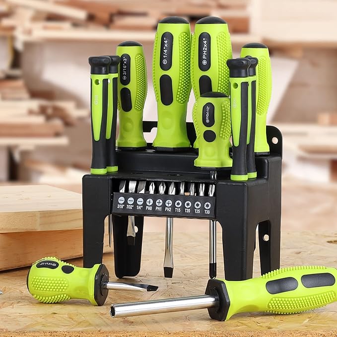 FASTPRO 21-Piece Magnetic Screwdrivers Set with Organizer Rack, Slotted Phillips Screwdrivers and Precision Screwdrivers, Repair Tool Kit for Home, Green