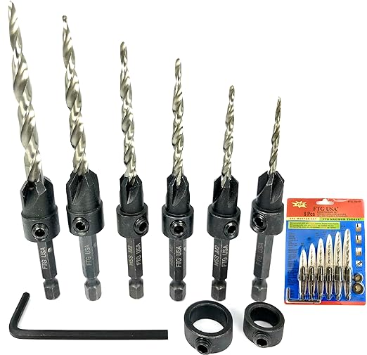 FTG USA Adjustable Wood Countersink Drill Bit Set 6 Sizes Set with Tapered Drill Bit for Woodworking