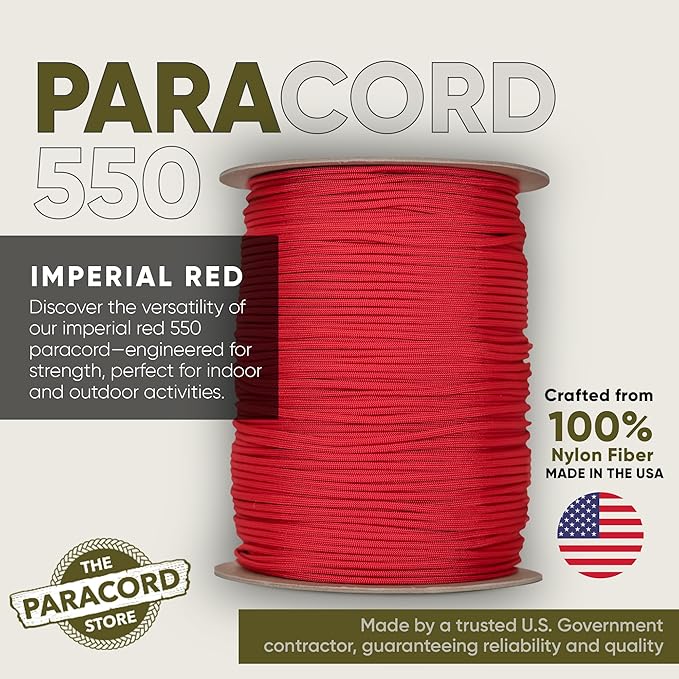 The Paracord Store | Type III 550 Paracord - 1000 FT Spool, Imperial Red | Heavy Duty 7 Strand Tactical Paracord - USA Made Nylon Outdoor Parachute Cord for Camping, Fishing & More - Survival Cord