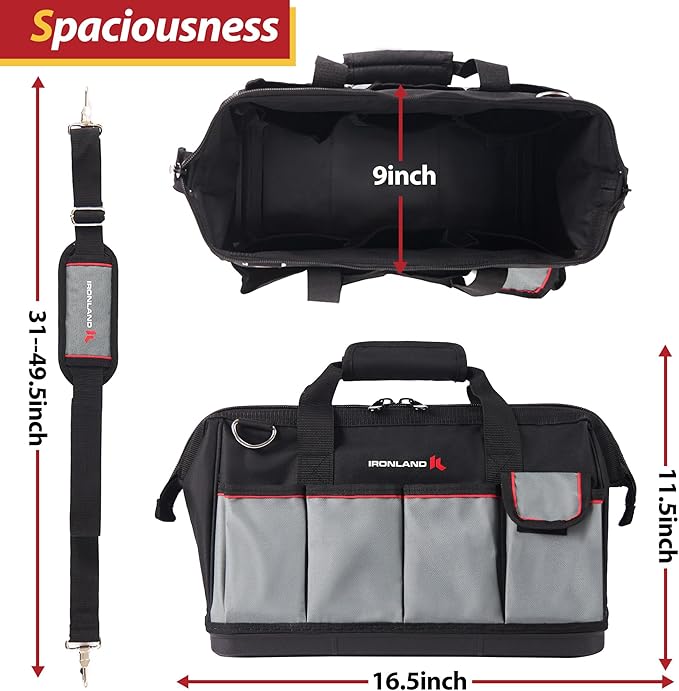 IRONLAND Tool Bag Organizer 16.5 Inch for men, Waterproof Heavy Duty ToolBag Organizer Storage, Tool box Organization, Soft Handle Large Zipper Carrying Toolbox, Dad Men Mechanic Birthday Gift