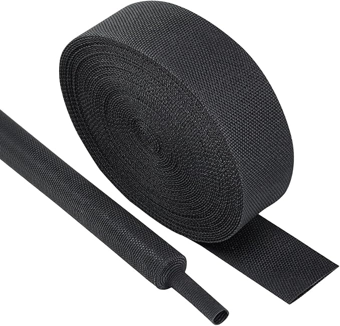 Black 2:1 Ratio Automotive Heat Shrink Braided Sleeving,Wear-Resistant Flat Woven Shrinkable Sleeve Fabric Car Cable Wires Hoses Protection (1-1/8"-26ft)