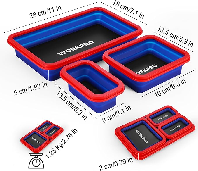 WORKPRO 4PC Collapsible Magnetic Parts Tray Set, Double-Sided Magnet Bowl for Screws, Nuts, Pins, Foldable Bolt Tray for Garage, Maintenance, Silicone Mechanic Tools Gift for Man, 11 Inch & 6.3 Inch