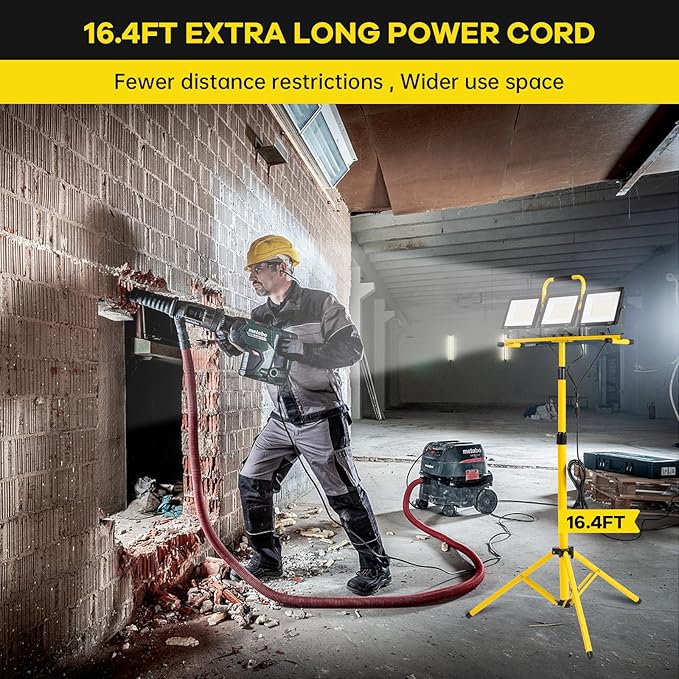 30000 Lumen LED Work Light with Stand, 3 Adjustable Head Portable Work Light with 324 Super-Powerful LED Lamp Beads and 16.4FT Cord, Waterproof Tripod Work Lights with 6500 Kelvin Color Temperature