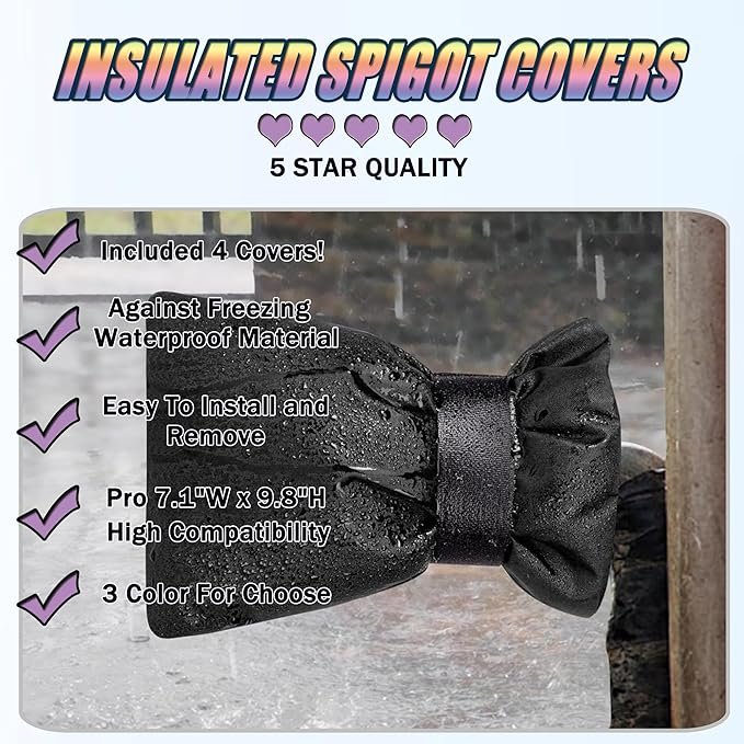 Outdoor Faucet Cover for Winter - Pro 7.1"W x 9.8"H - 4 PACK Outdoor Water Faucet Cover Socks for Winter Freeze Protection Pipe Insulation Reusable Waterproof Insulated Spigot backflow Cover - Black