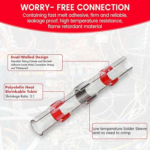 130 PCS Red Heat Shrink Butt Connectors,22-18 AWG, Self Soldering Butt Connector, Waterproof Solder Seal Wire Connectors, Butt Splice Wire Terminals for Automotive Marine Boat