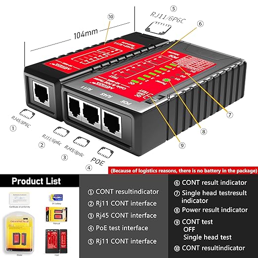 NF-468S RJ45 Network Cable Tester for CAT5, CAT5E, CAT6, CAT6A, Cat7 POE Test UTP/STP Cable Checker Telephone Line CAT3 Cable Mapper Network Tools (Professional Grade)