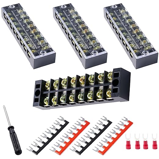 Terminal Block (4 Sets) 4Pcs 8 Positions Dual Row 600V 25A Screw Terminal Strip Blocks with Cover&4Pcs Pre-Insulated Barrier Termina Block Strip&32Pcs Insulated Fork Wire Connector