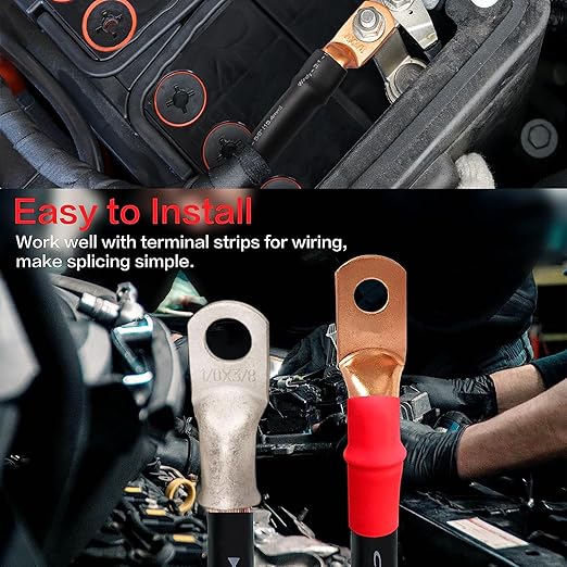 Copper Lugs kit 1/0 Gauge 2 Gauge 6 Gauge Battery Cable Lugs 5/16" and 3/8" Stud Ring Terminals Heavy Duty 0 2 6 AWG Wire Lugs 28 PCS Battery Cable Ends Wire Connectors with 28 PCS Heat Shrink Tubing