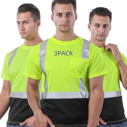 sesafety 3PACK High Visibility Shirts for Men, Class 3 Hi Vis Reflective Construction Shirts for Men with Pocket Safety T Shirts