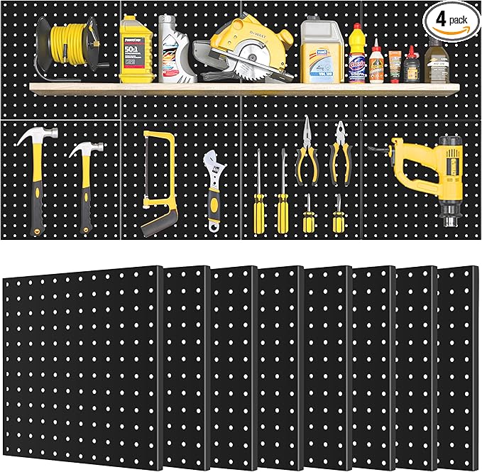 4 Pack Black Metal Pegboard Panels, Heavy Duty Steel Peg Boards Wall Organizer with Screw, Anchors and Washer Accessories for Garage, Tool Storage, Office Organization, Craft Room, Kitchen