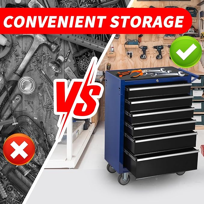 6-Drawer Rolling Tool Chest Cabinet, Large Capacity Metal Tool Box with Wheels and Keyed Locking, Roll Around Storage Organizer Tool Cart for Garage, Warehouse, Work Shop (Blue)