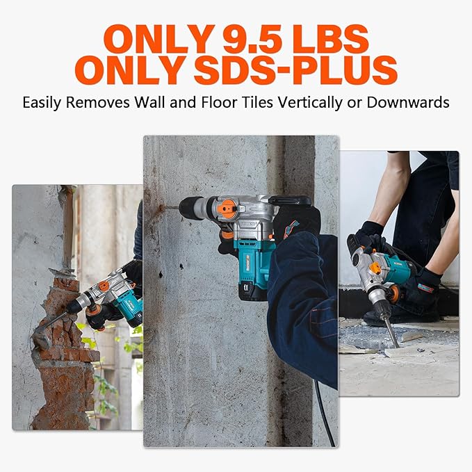 Berserker 1-1/8" SDS-Plus Rotary Hammer Drill with Safety Clutch,9 Amp 3 Functions Corded Rotomartillo for Concrete - Including 3 Drill Bits,Flat Chisel, Point Chisel,Carrying Case