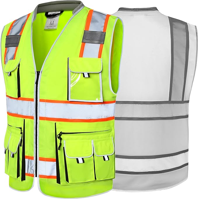 JKSafety 10 Pockets Class 2 Hi-Vis Zipper Front Fluorescent Yellow Safety Vest | Cushioned Collar |Extended Neon Orange Strips | Meets ANSI/ISEA Standards (Large, 89-Yellow)