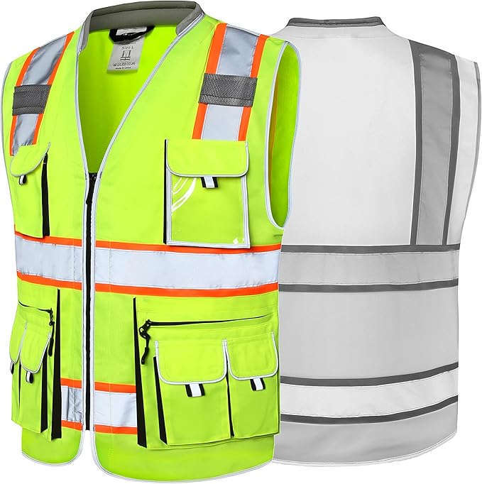 JKSafety 10 Pockets Class 2 Hi-Vis Zipper Front Yellow Safety Vest | Cushioned Collar | High Reflective Tapes with Extended Neon Orange Strips | Meets ANSI/ISEA Standards (X-Large, 89-Yellow)