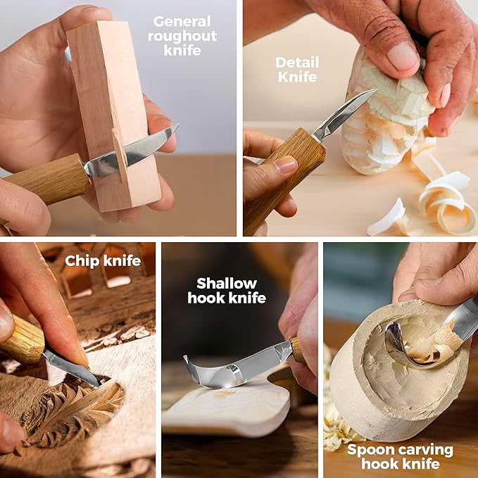 Wood Carving Kit, Deluxe 5pc Whittling Knife Set with Razor-Sharp Knives, Spoon Carving Knife, Wood Whittling Kit for Beginners and Adult Crafts