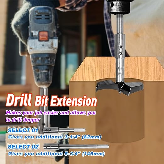 ASNOMY 2Pcs 4.5" & 7" Extra Long Forstner Drill Bit Extension for Adding Over 3-1/4" & 5-3/4" of Drilling Depth to Your 3/8" Round or Hex Shafts Forstner Bit
