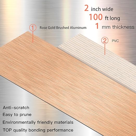GSCIT Club Rose Gold Edge Banding, 2 Inch x 100ft Aluminum Brushed Edge Banding PVC Edge Trim for Cabinet Repair Furniture