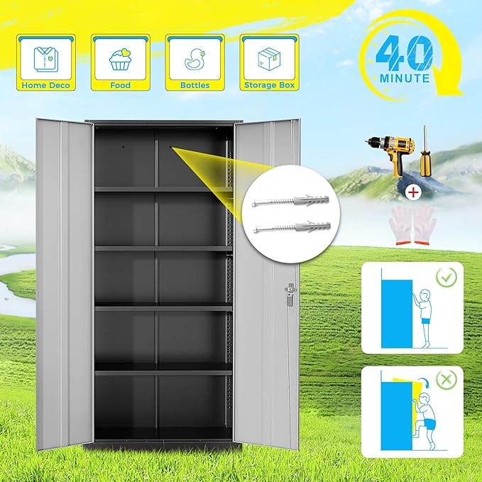 Pataku Metal Storage Cabinet, 71" Garage Cabinet with Doors and Shelves Lockable Steel Multifunctional Cabinets, File Cabinets for Home, Office, Warehouse(Black Grey)