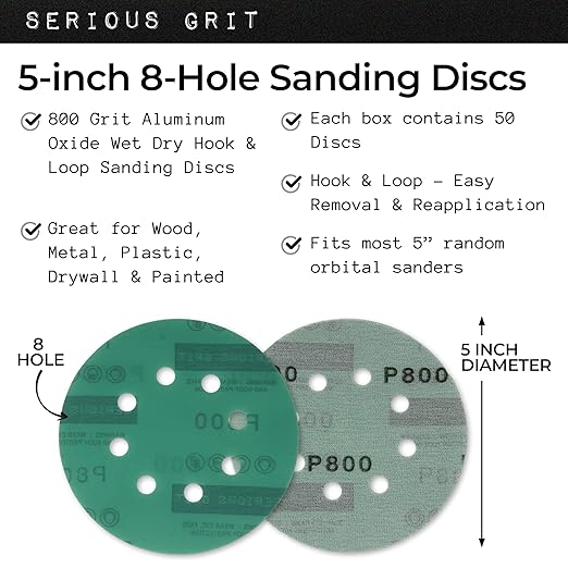 Sanding Discs 5 Inch 8 Hole 800 Grit - Heavy-Duty Hook & Loop Wet Dry Film Sandpaper Discs - Ultra Fine Sand Paper for Random Orbital Sanders - Wood, Automotive, Epoxy, etc - 50 Pack Box