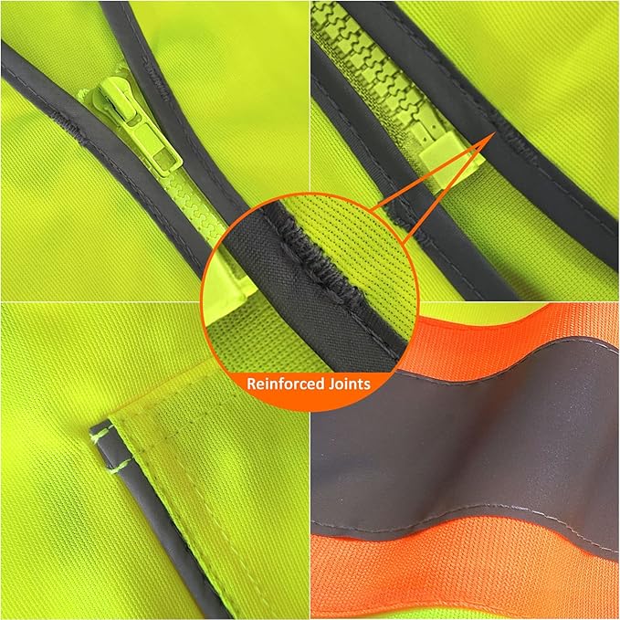 TCCFCCT Reflective Vest with Pockets Safety Vest for Men Women, High Visibility Surveyor Vest with Fluorescent Orange Extend Edge, Meets ANSI/ISEA Standards, Yellow, XL
