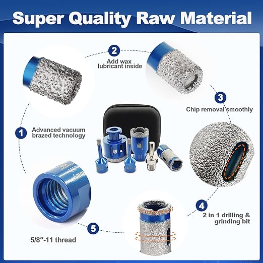 Tile Hole Saw Kit - BRSCHNITT Diamond Core Drill Bit Set 1/4",5/16",1-3/8",2" Drill Bit&1" Diamond Finger Milling Bit for Porcelain Tile Ceramic Marble Granite & Adapter