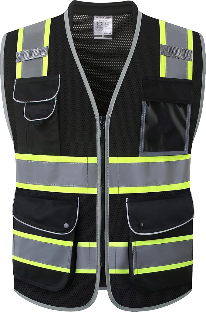 JKSafety 9 Pockets Hi-Vis Black Safety Vest for Men Women High Visibility Reflective Construction Mesh Fabric Cushioned Collar Work Utility PPE Work Gear ANSI/ISEA compliant(101-Black XXL)