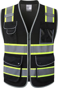 JKSafety 9 Pockets Hi-Vis Black Safety Vest for Men Women High Visibility Reflective Construction Mesh Fabric Cushioned Collar Work Utility PPE Work Gear ANSI/ISEA compliant (101-Black XL)