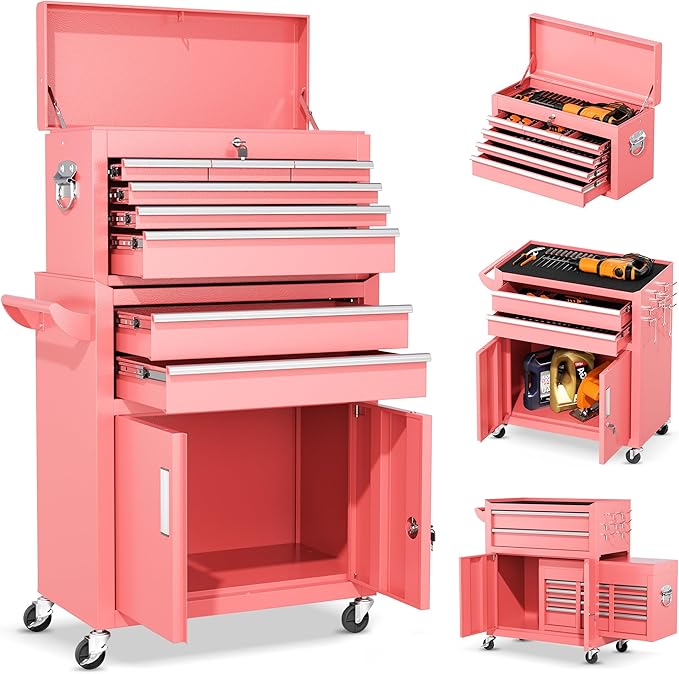 INTERGREAT Tool Chest, Assembled Tool Cabinet with 8 Drawers, Detachable Organized Tool Chests, Lockable Tool Cabinet for Workshop, Warehouse, Mechanics Garage (Pink)