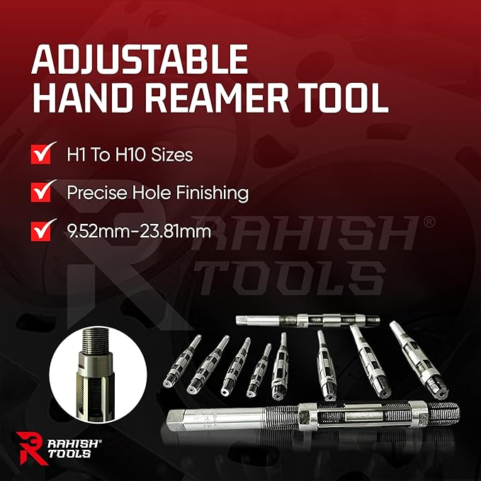 Adjustable Hand Reamer Tool H1 to H10 Sizes - 3/8" to 15/16” Reaming Tool for Precise Hole Finishing with Carbon Steel Blades - Hand Tools Reamers for Metal & Wood - 9.52mm - 23.81mm
