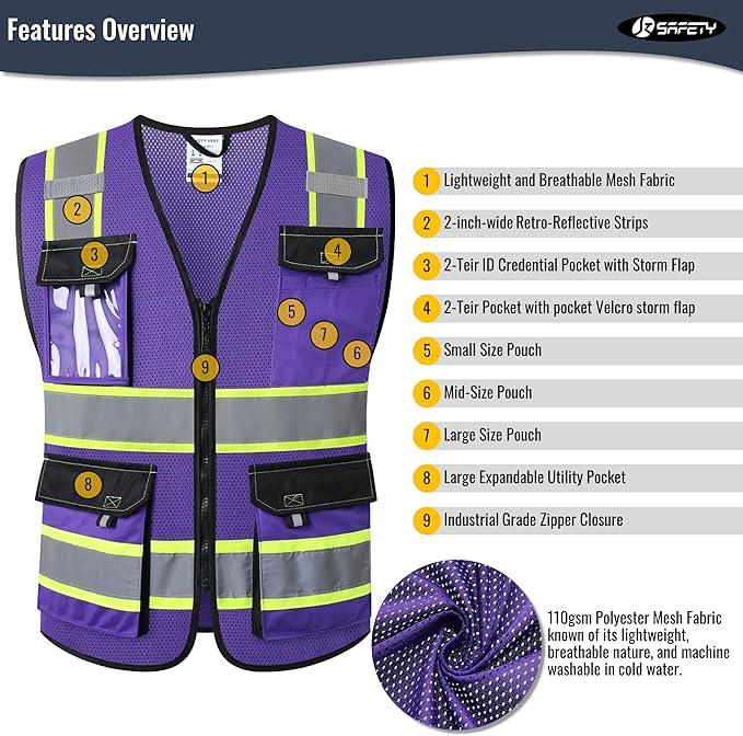 JKSafety Hi Vis Reflective Safety Vests for Men Women High Visibility Vest with Pockets Mesh Fabric Construction Safety Apparel Neon Vest for Work (220-PurpleB XXL)