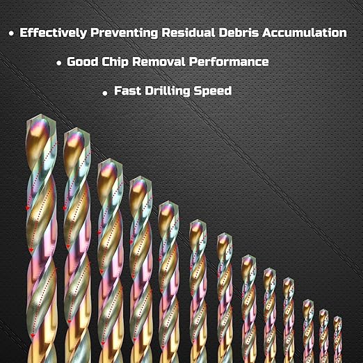 Lichamp Drill Bit Set, 29Pcs M2 HSS Cobalt Drill Bits from 1/16" to 1/2" for Metal, Cast Iron, Stainless Steel and Plastic with Durable Index Metal Storage Case, Colorful Titanium Plating