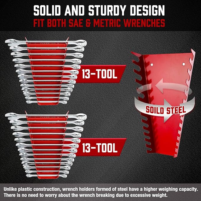 ALOANES 78-Slot Metal Wrench Organizer, Heavy Duty Wrench Organizer Tray for Tool Box, Professional Fit SAE & Metric Wrench Storage, 6 Pack Wrench Holders(Red)