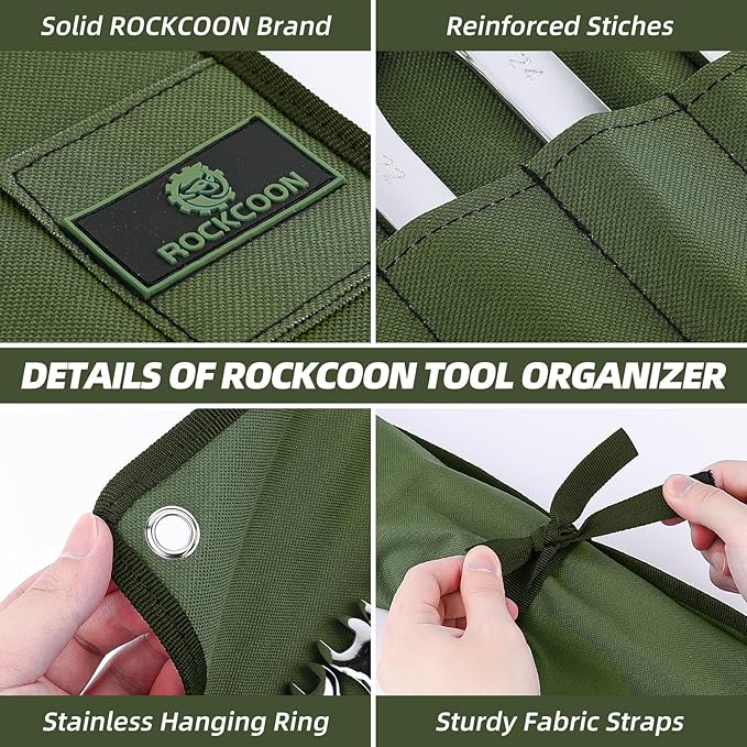 Wrench Roll Organizer 16 Pockets, Wrench Pouch Roll Up with Water Proof Oxford Cloth, Tool Roll Bag for Wrenches Organization, Green