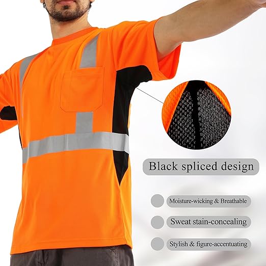 sesafety Safety Reflective Shirts, Class 2 High Visibility Shirts for Men Construction Work Mesh Short Sleeve Orange 4XL