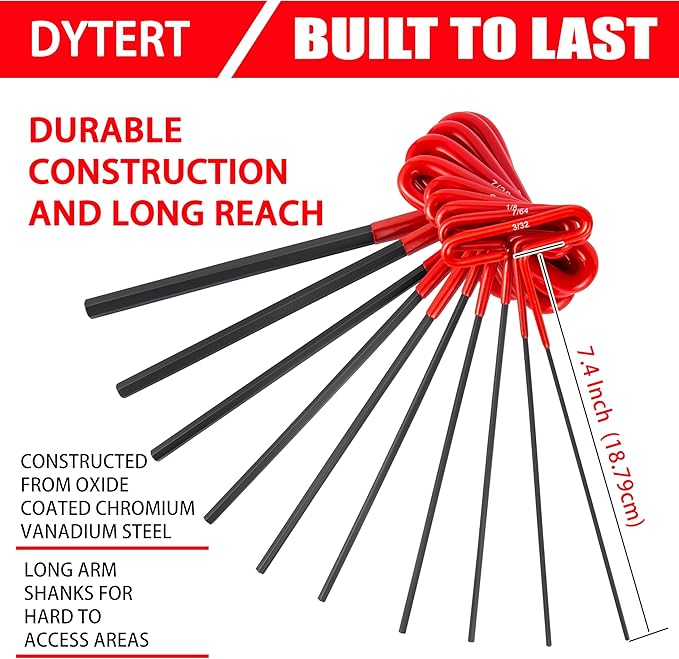 10-Piece Red Inch/SAE T-Handle Allen Hex Key Wrench Set(3/32-3/8)，7.4 inches long, Printed Specifications, Versatile Tool for DIY