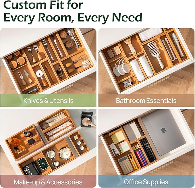 5-Piece Bamboo Drawer Organizer Set, 2.2" Deep | Multi-Use Organizers for Utensils, Silverware, Cutlery, Desk, Bathroom, Junk Drawer & Makeup, Non-Slip Feet Included.