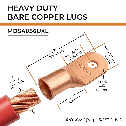 SELTERM 10pcs 4/0 AWG (XL) - 5/16" Stud - Battery Lugs, Heavy Duty Wire Lugs, Ring Terminals, Battery Cable Ends,0000 Gauge Terminals, UL Bare Copper Eyelets Electrical Battery Terminal Connectors