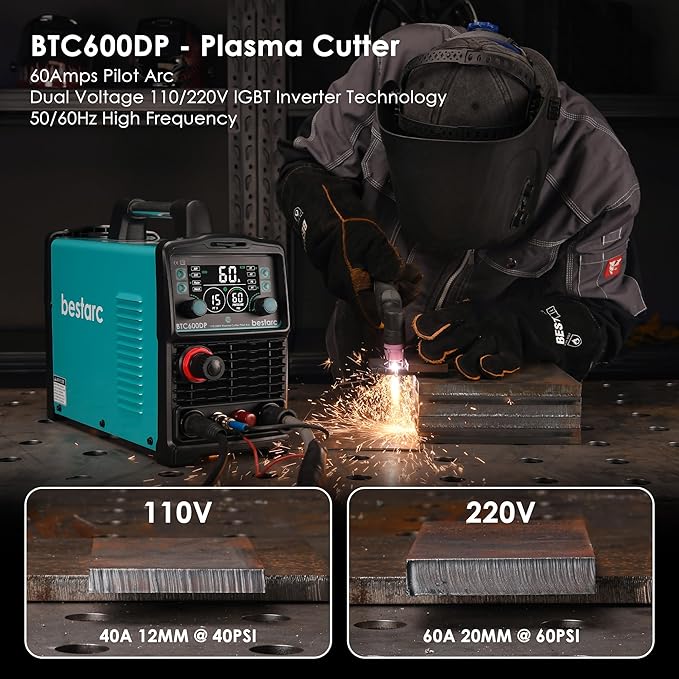 Plasma Cutter, [Pilot Arc][Large LED Display][Air Sensor] 60A bestarc Plasma Cutter Machine 110/220V Dual Voltage, 1/2 Inch Clean Cut 4/5 Inch Max Cut, Post Flow Mesh, 2T/4T for Beginners DIY