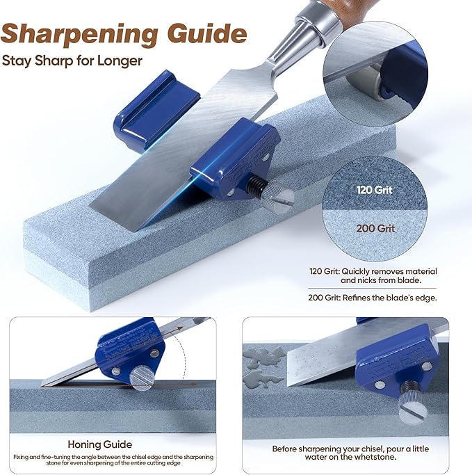 10 Pieces Wood Chisel Set, 1/4"~2" Woodworking Chisel Kit with Sharp CR-V 60 Steel Blades, Wooden Box, Honing Guide, Sharpening Stone for Carpenter Craftsman Woodworker