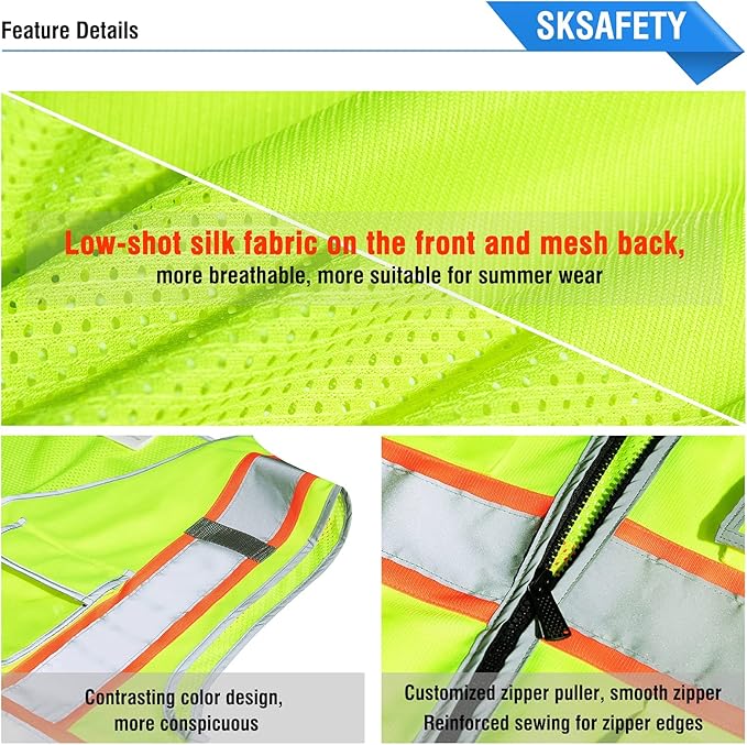 SKSAFETY 10 Pockets Safety Vest, Class 2 High Visibility Security with Zipper Back Mesh, Hi Vis Vest with Reflective Strips, ANSI/ISEA Standard, Construction Work Vest for Men ＆ Women （Lime, 5XL）