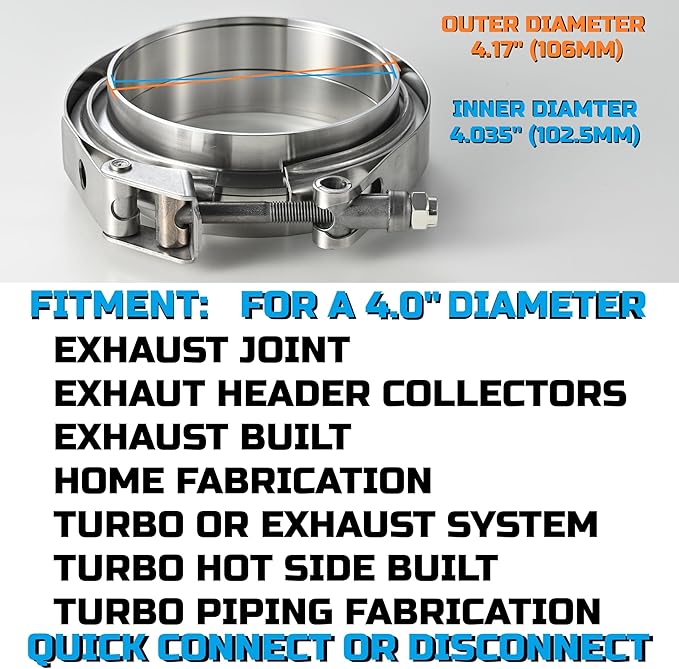 Stainless Steel 4 Inch V Band Exhaust Clamp Flange Kit for Exhaust, Quick Release 4 Inch V Band Clamp for Turbochargers To Hold Components Together Under High Pressure or Heat,1 Piece (4.0‘’)